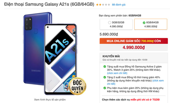 Galaxy A21s, Galaxy A21s tgdd, giá Galaxy A21s, Galaxy A21s khuyến mãi, Galaxy A21s giá