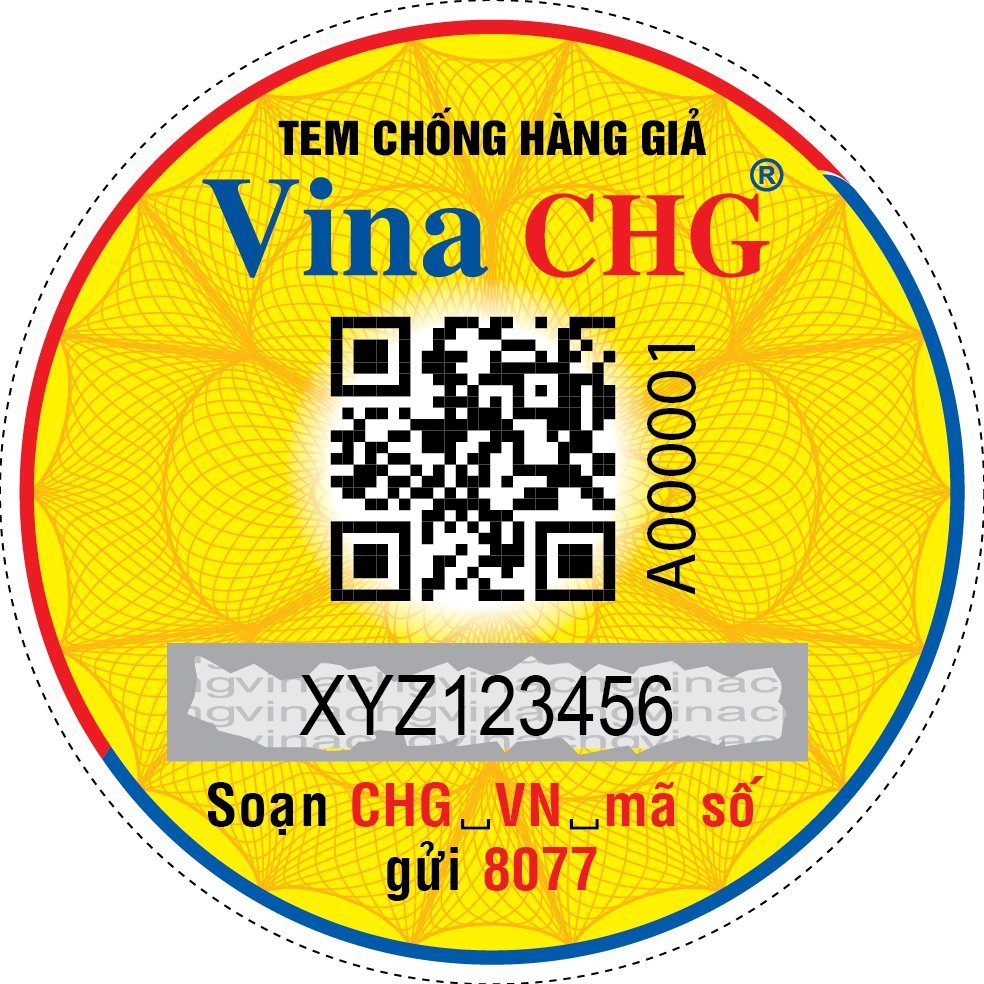 Mẫu tem chống hàng giả có mã QR Code kết hợp SMS dán lên sản phẩm tích hợp với phần mềm Vinacheck+.