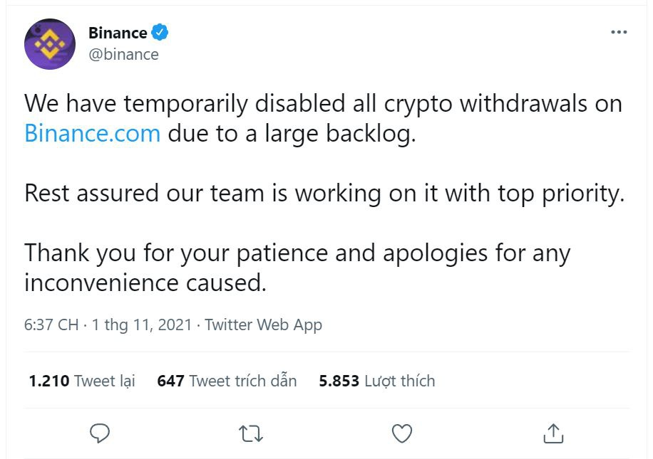 Sàn Binance không rút được tiền